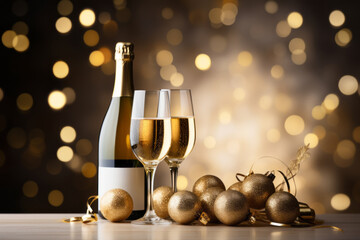 Champagne or sparkling wine in a festive atmosphere. Merry christmas and happy new year concept