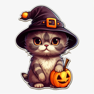 cute halloween cartoon cat in hat with pumpkin sticker isolated on white background, AI generation