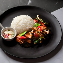 stir fried spicy sausage with holy basil