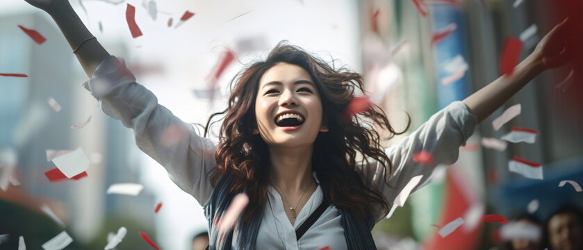 Portrait of pretty and happy Japanese woman standing with smile, in front of Japan flags, shouting, celebrating victory or success. Generative ai