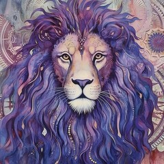 Portrait of a lion. Hand-drawn illustration. Leo zodiac sign, astrological horoscope calendar, esoteric Lion illustration on purple magical background