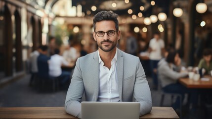 Obraz premium A serious successful middle-aged man in glasses and a suit works at a laptop freelancer businessman manager programmer sits with a team in an open space office blurred background with copy space