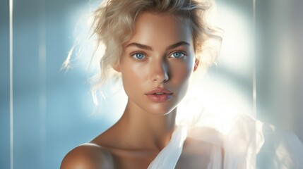 Tender young woman angel closeup with blue eyes blond hair clean fresh healthy glowing skin, no makeup, for advertising beauty salon, cosmetology spa, shampoo and skin care
