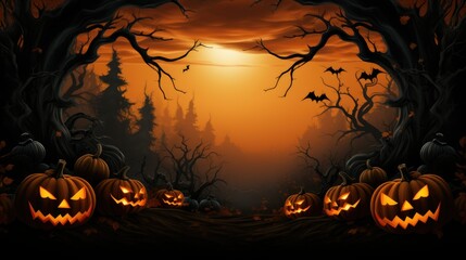 Lots of evil pumpkins with glowing eyes and mouth in red dark scary forest with looming clouds at night bats and moon, halloween scary holiday concept with copy space