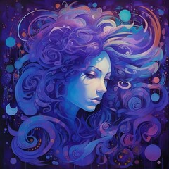 Beautiful girl with blue hair. Colorful abstract background. Digital painting. Aquarius zodiac sign, astrological horoscope calendar, esoteric Water Bearer illustration