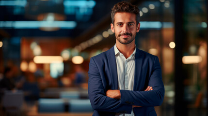 A young successful man in a suit with a beard smiles with his arms crossed and looks at the camera portrait of a businessman manager freelancer against the backdrop of a blurred office