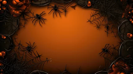 Acrylglasbilder Braun  Orange Halloween background, black spiders ants and cobwebs around banner with copy space in the middle, holiday spooky illustration card  © ISVO