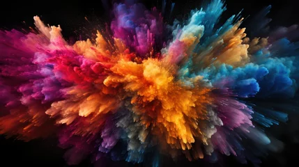 Foto op Plexiglas Colorful explosion of smoke and rainbow splashes of Holi powder isolated on black background splash of colors abstract art pattern. 3d illustration © ISVO