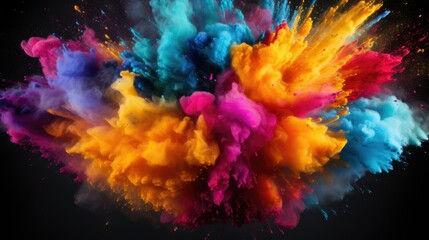 Mix of rainbow colors explosion of smoke and Holi powder isolated on black horizontal background splash of colors abstract dynamic art pattern - obrazy, fototapety, plakaty