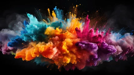 Foto op Canvas Mix colors explosion of smoke rainbow mixture and Holi powder isolated on black horizontal background, splash of colors abstract dynamic art pattern. painting for interior © ISVO