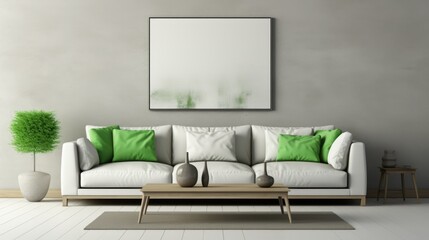 Interior of modern living room with white sofa, green cushions and coffee table with a vase in the center and a large mock-up painting on the wall, symmetrical design