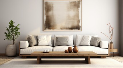 A symmetrical comfortable light sofa with a wooden coffee table and a painting on the wall. Modern interior design living room in scandinavian style 3d render illustration mock up.