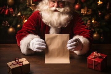 Santa claus reads a letter of wishes. Selective focus on paper. Merry christmas and happy new year concept