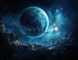 Obraz premium Glowing space sphere orbits blue abstract galaxy