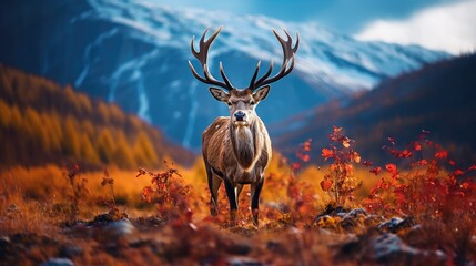 beautiful portrait of a reindeer amidst an idyllic autumn scene, its confident stride accentuated by fallen autumn leaves