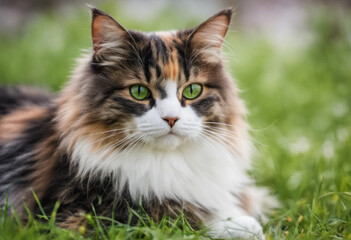 Naklejka na ściany i meble Beautiful Cat Sitting In The Grass