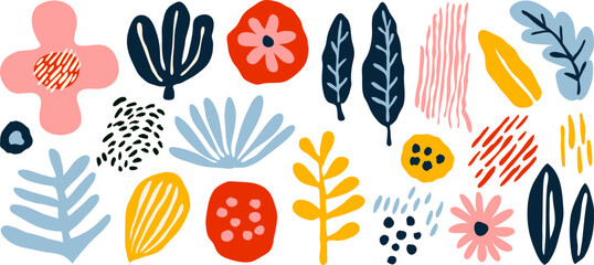 Set of modern artistic hand drawn doodle abstract nature and floral shapes. Trendy collage contemporary design elements.