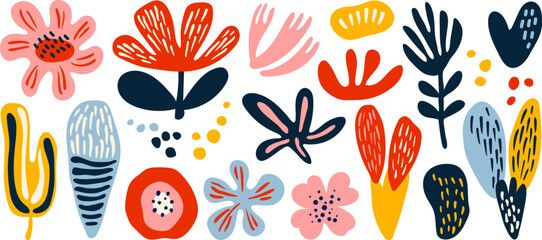 Set of modern artistic hand drawn doodle abstract nature and floral shapes. Trendy collage contemporary design elements.