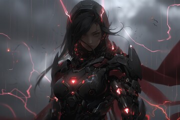 armored heroine amidst electric hues, a neon reverie, Generative AI
