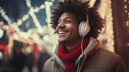 young african american man with headphones on illuminated street