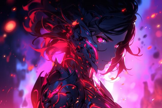 armored heroine amidst electric hues, a neon reverie, Generative AI
