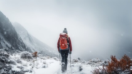 Female hiker, full body, view from behind, walking through a snow storm
