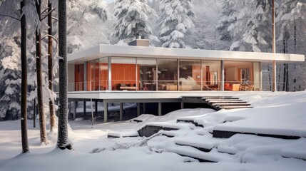 A modern Villa in a snowy forest