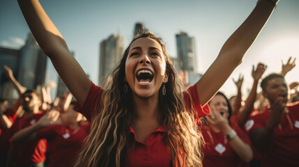 Soccer fans, wearing their national team's jerseys, are chanting and waving flags. Generative AI