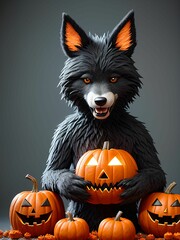 werewolf surrounded by decorative halloween pumpkins made of clay and felt

