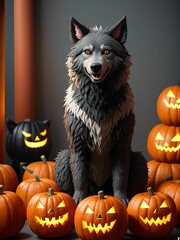 werewolf surrounded by decorative halloween pumpkins made of clay and felt

