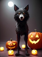 black wolf surrounded by decorative halloween pumpkins made of clay and felt
