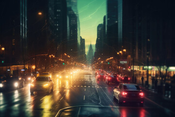The light trails on the modern buildings background. Abstract motion blur city. Generative AI