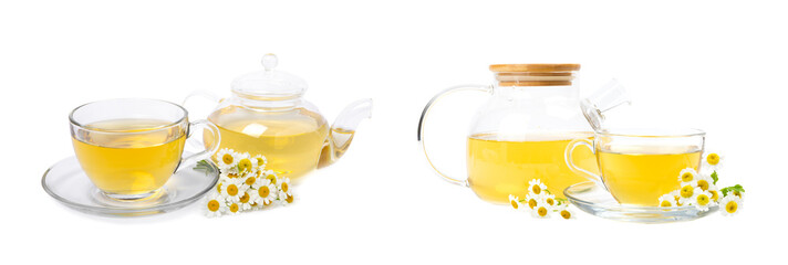 Herbal tea with fresh chamomile flowers isolated on white background. Calming and relaxing drink. Immunity.Cup and teapot of hot chamomile tea. Tea drinking concept. Tea ceremony.