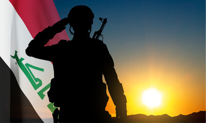 Silhouette of a soldier with Iraq flag against the sunset. EPS10 vector - obrazy, fototapety, plakaty