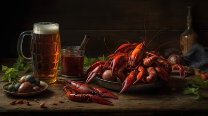 Boiled crayfishes and beer on a wooden table.