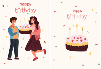 People celebrate birthday. Friends bearing presents and cake. Shared joy among men and women. Concept of happiness, celebration. Friends exchange gifts. Vector illustration.