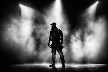 Fototapeta na wymiar Portrait of a bandit standing in the smoke on stage