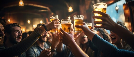 Group of friends clinking glasses of beer at bar or pub.