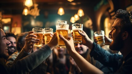 Group of friends clinking beer glasses at a bar or pub. - obrazy, fototapety, plakaty
