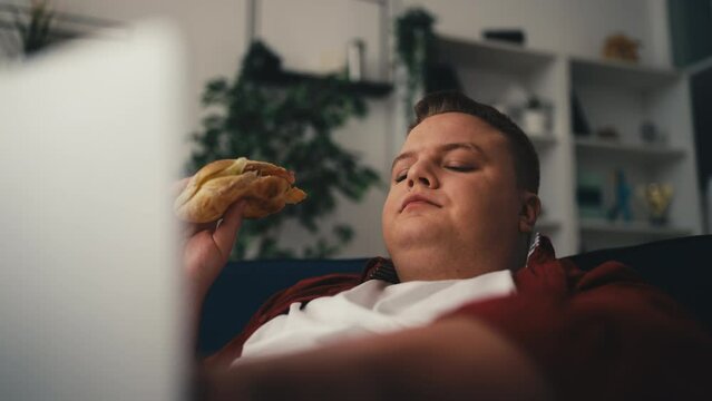 Closeup of overweight man eating junk food and using laptop, sedentary lifestyle