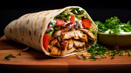 Fully loaded Chicken and vegetable wrap shawarma, Gyro with salad on foodie wrap - obrazy, fototapety, plakaty