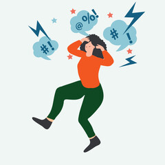 A Frightened and Dismayed Young Girl Faces Criticism and Aggression. Take a Stand Against Bullying Toward Children and Women. Depicting Mental Health Struggles through a Flat Character