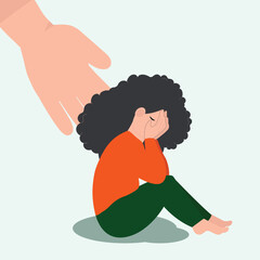 A Helping Hand Assists a Woman in Overcoming Strain. A Young Female Conceals Her Face, Seeking Support and Care as She Battles Depression and Anxiety. 