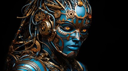 Blue cybernetic warrior portrait. 