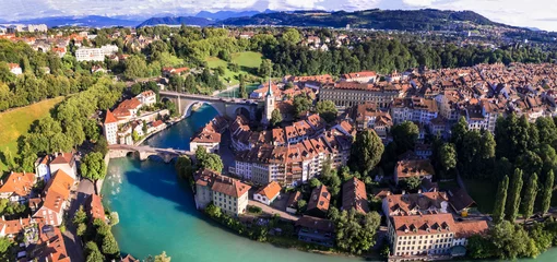 Gordijnen Old town of Bern - capital city of Switzerland. aerial panoramic drone view. Swiss travel destinations © Freesurf