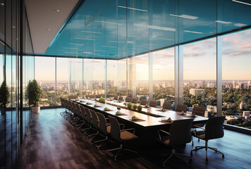 Fototapeta premium Modern office meeting room interior with glass windows. Created with Generative AI