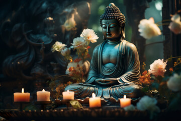 Japanese temple statue of a Buddha in deep meditation. Serene aura of a Japanese temple with meticulous detail and devotion. Deep reflection of holy icon buddha statue.