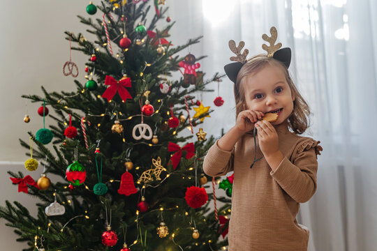 Cute little girl eating christmas gingerbread cookies next to the christmas tree. Merry Christmas and Happy Holidays! Christmas eve. Christmas tree decorated with gingerbread cookies.