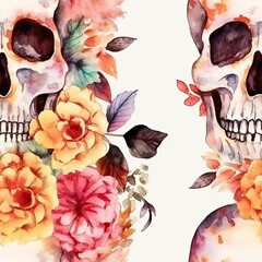 Sugar scull and flowers. Watercolor illustration. Seamstress