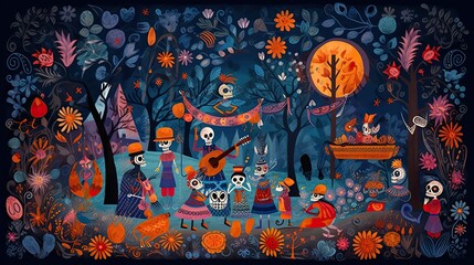 Celebration of the Mexican day of the dead. Illustration in blue colors